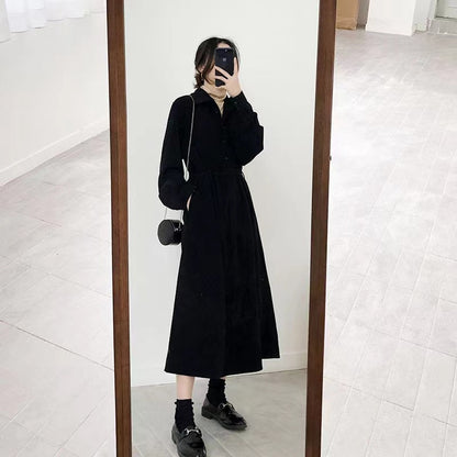 French Black Long Sleeve Cinched Waist Shirt Dress