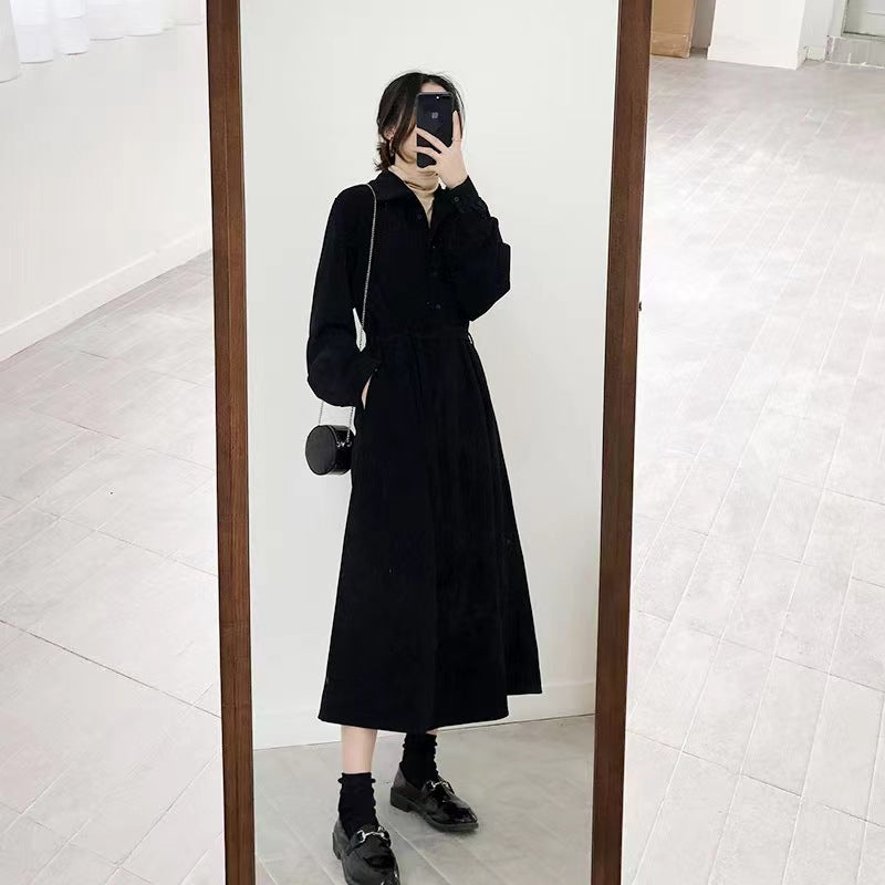 French Black Long Sleeve Cinched Waist Shirt Dress