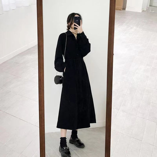 French Black Long Sleeve Cinched Waist Shirt Dress