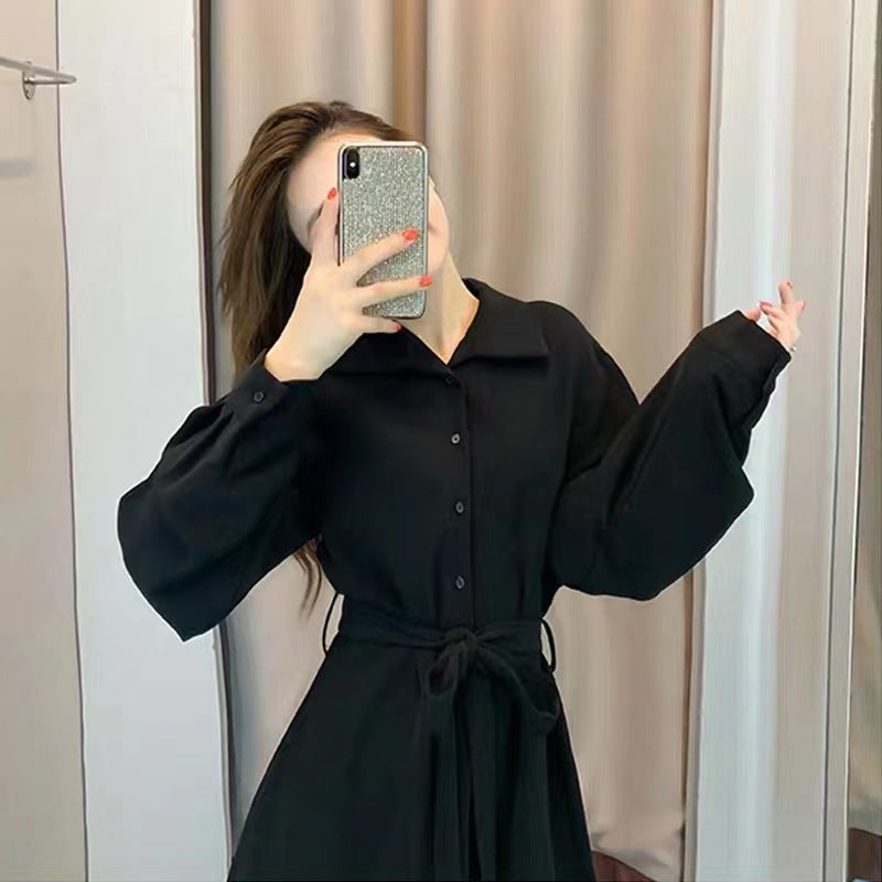 French Black Long Sleeve Cinched Waist Shirt Dress