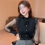 New French Half-High Neck Knitted Panel Long-Sleeved Shirt