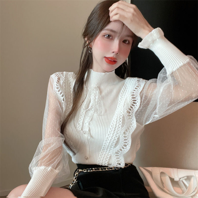 New French Half-High Neck Knitted Panel Long-Sleeved Shirt