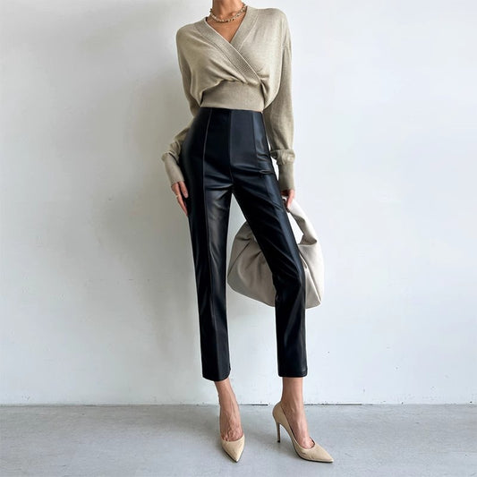 New High-Waisted Cropped Pu Leather Pants