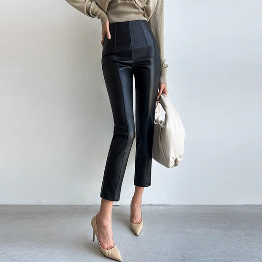 New High-Waisted Cropped Pu Leather Pants